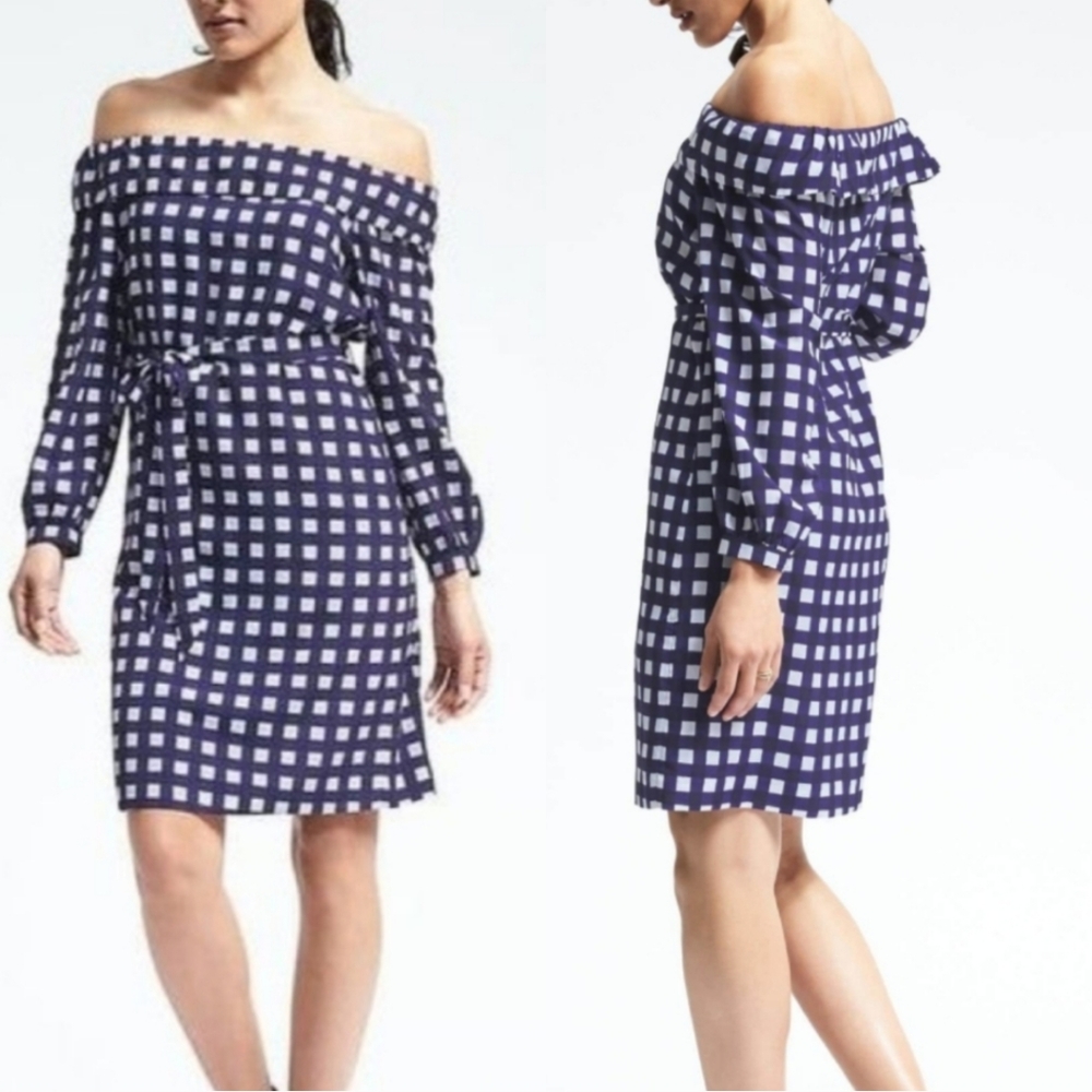 Banana Republic Women's Dress Off Shoulder Blue and White Gingham Size XS Office
